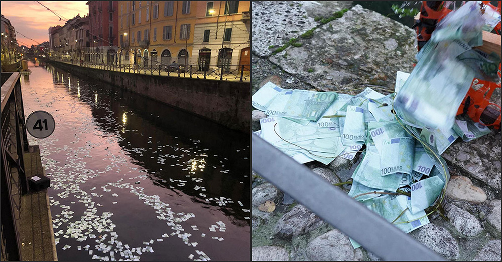 Тысячи банкнот в городском канале Милана