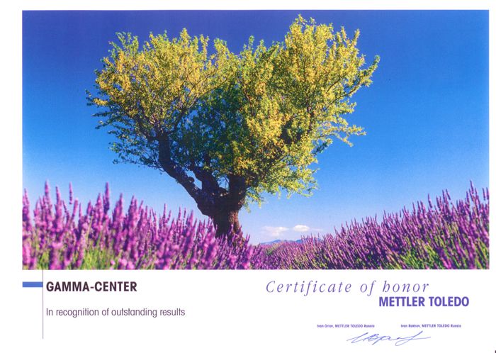 Компания «Гамма-Центр» награждена почетным дипломом за отличные результаты по продаже техники METTLER TOLEDO